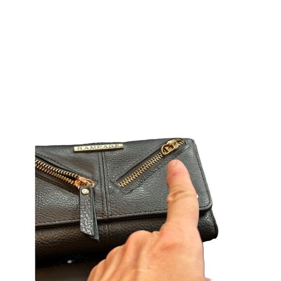 Rampage Black Faux Leather Wallet With Gold Zippers & Snap Closure 7.5" x 4.5" * - Picture 2 of 11